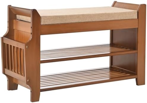 PETKABOO Shoe Bench with Hidden Drawer and Side Holder, 2 Tier Entryway Bench with Storage 31.5 in, Bamboo Shoe Rack with Cushion for Entryway Hallway Living Room Bedroom