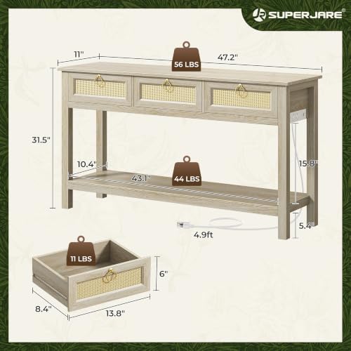SUPERJARE Rattan Console Sofa Table with Outlets, USB-C Port and 3 Drawers