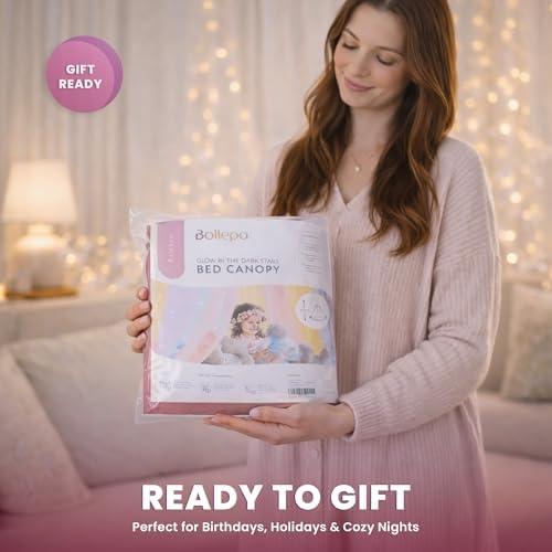 Bollepo Pink Bed Canopy for Girls with Glowing Stars - Premium Canopy Bed | Fits Single, Twin, Full, Queen Size Kids Bed, Princess Netting Room Decor, Ceiling Tent to Cover Toddler, Canopy for Bed