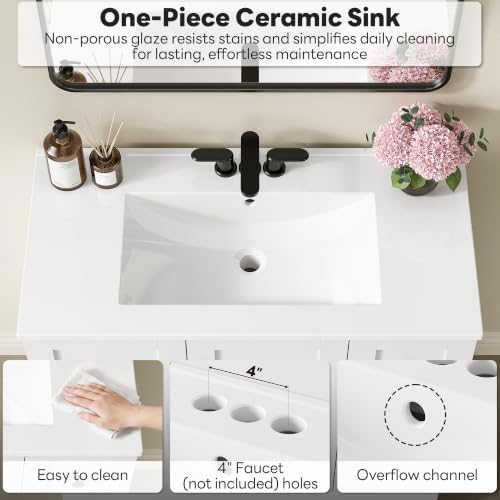 LIKIMIO 36" Bathroom Vanity with Sink, 2 Soft-Close Drawers & Doors, White | Freestanding Bathroom Vanity, Integrated Rectangular Ceramic Sink, Modern Bathroom Storage Cabinet, Assembly Required