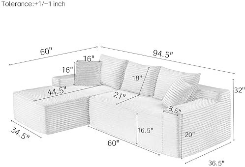95" L-Shaped Left Facing Cloud Sectional Couch for Living Room, Modular Compressed Boneless Sectional Sofa Corduroy Boneless Corner Foam Sofa W/Chaise Lounge and Pillows