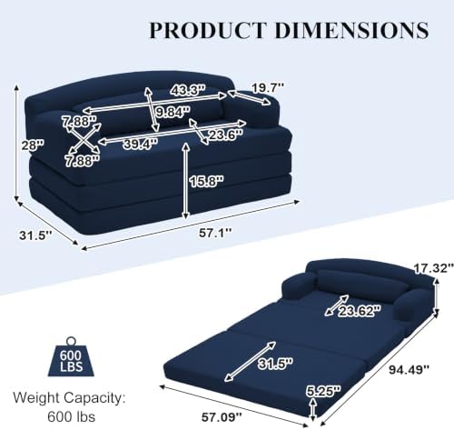 57” Convertible Sleeper Sofa Bed, Boneless Couch, Blue