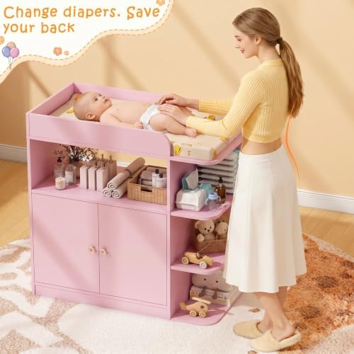 Wanan Changing Table Dresser with Large Cabinet for Nursery, Wood, Pink
