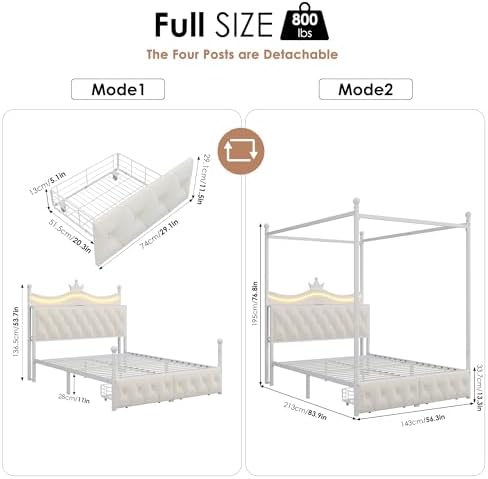 Keyluv Full Size Upholstered LED Canopy Bed Frame with Charging Station and Drawer, Button Tufted Crown Headboard with Storage Shelf, Two-Purpose Removable Four Poster Design Platform Bed, Beige