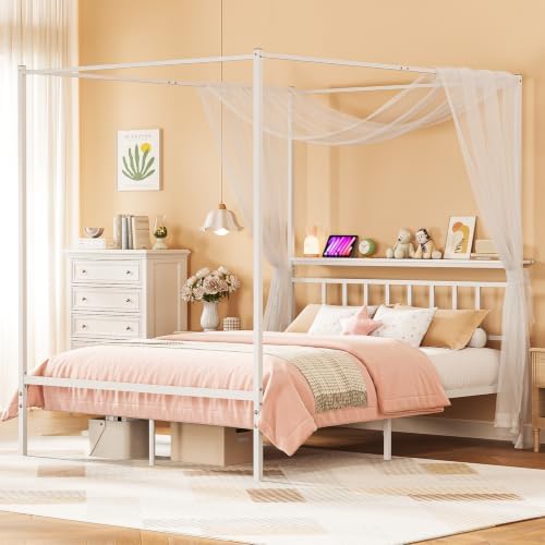 Queen Canopy Bed Frame with Storage Headboard Minimalist 4 Posters Bed