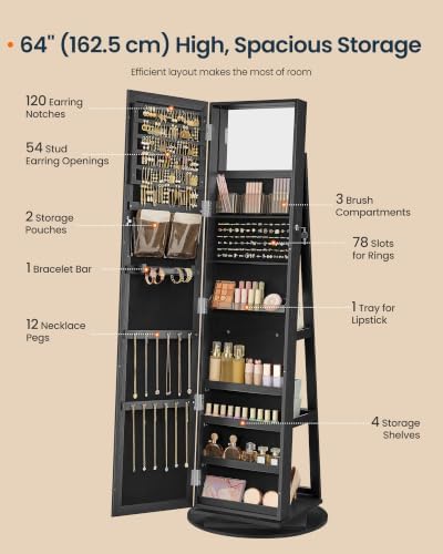 SONGMICS HOME Standing Jewelry Cabinet, Full Length Mirror with Storage | Swivel Jewelry Armoire, Lockable Rotating Organizer, Rear Storage Shelves, Bedroom Organization, Black UJJC006B01SH