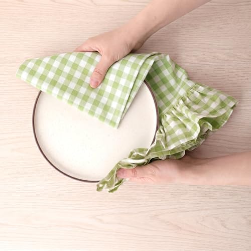 HunnmingRe 2 Pcs Mint Green Gingham Kitchen Towels Cotton Ruffled