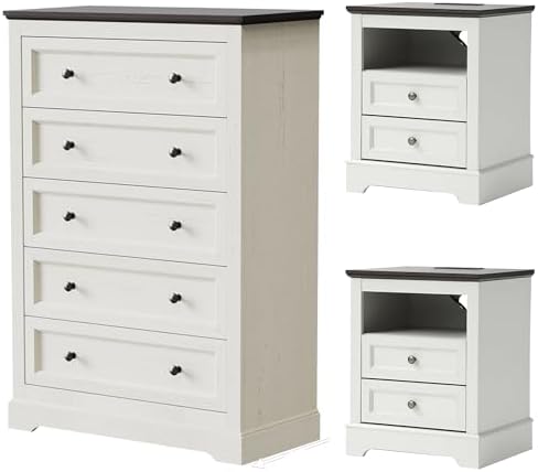 KIGOTY Farmhouse Bedroom Set, 3 Pcs Dresser and Nightstand Sets, 5 Drawer Dresser & 2 Drawer Nightstand Set with Charging Station,Rustic Wood Bedroom Furniture Set for Home