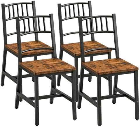 HOOBRO Dining Chairs Set of 4, Wooden Kitchen Chairs with Metal Frame, Industrial Dining Chairs with Back, Easy to Assemble, Farmhouse Dining Chairs for Living Room, Rustic Brown and Black BF39CDP401