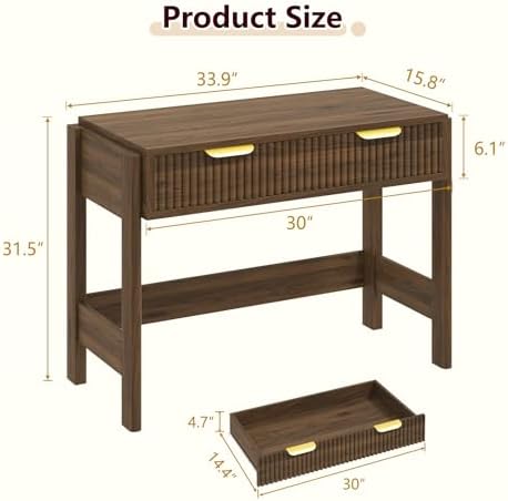34 Inch Small Fluted Computer Desk with Drawer for Bedroom, Home Office