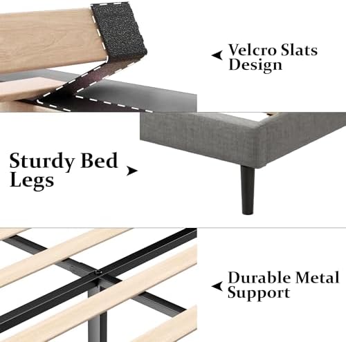 Gruwans Twin Bed Frames with Wingback Headboard, Upholstered Platform Beds, No Box Spring Needed Sturdy Wooden Slat Support, Easy Assemble, Light Gray