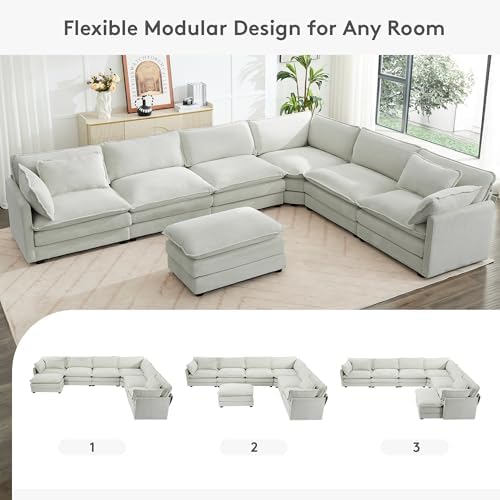 ROWHY 150'' Modular Sectional Corner Cloud Couch, 7 Seater Sofa Big Comfy Corduroy V Shaped Couch with 4 Throw Pillows, Movable Ottoman, Couches for Living Room Office Light Grey