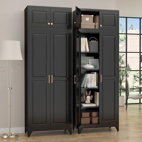 SteeLoong 90”Metal Pantry Storage Cabinet with Doors & 4 Adjustable Shelves | Kitchen Pantry Cabinet,Black Kitchen Cabinet with 4 Gold Handles,Tall Cabinet for Livingroom,Pantry, Bathroom,Kitchen,Garage