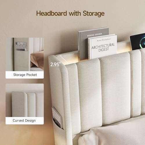 ONBRILL King Size Headboard with Storage, LED Light, Off White