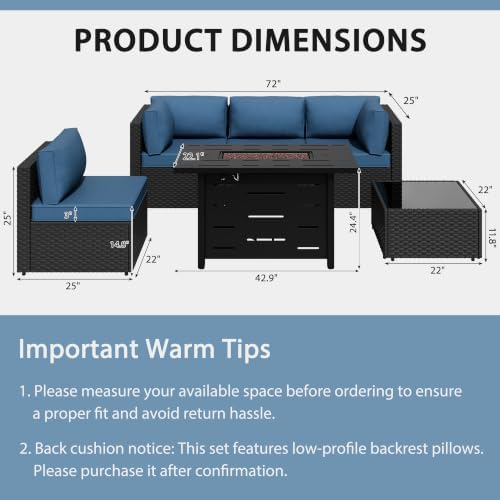 Shintenchi 6 Piece Outdoor Patio Furniture Set with 43 Inch Propane Fire Pit, Washable Cushions, Glass Coffee Table, Waterproof Cover & CSA Certified for Backyard Poolside, Black PE Rattan/Navy Blue