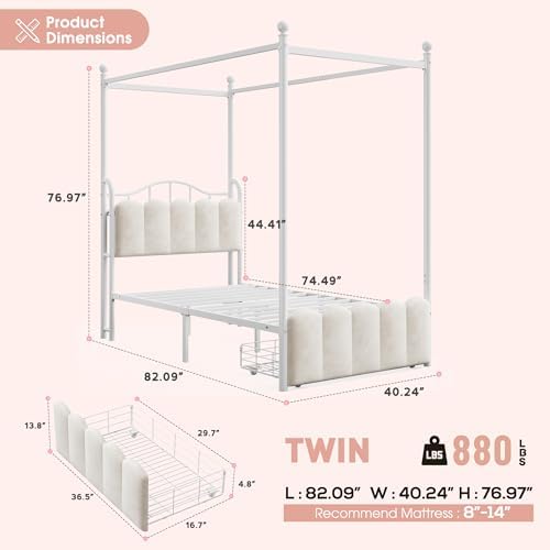 Homkdom Twin Canopy Bed Frame with Drawers and LED Lights & Charging,White