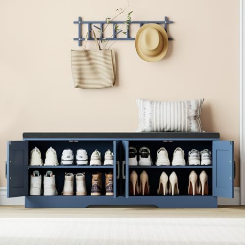 HOMSHO Farmhouse Shoe Storage Bench with 4 Barn Doors & Padded Seat Cushion