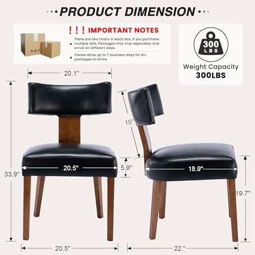 HNY Mid Century Modern Dining Chairs Set of 2, Farmhouse PU Leather Upholstered Accent Chair Curved Backrest Kitchen Chairs, with Hardwood Frame, Black