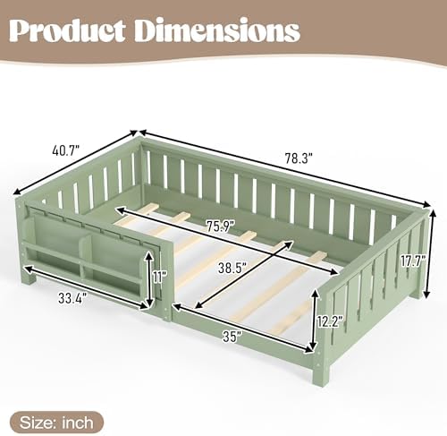 Bellemave Twin Floor Bed with Rails and Slats, Twin Size Montessori Floor Bed with Bookshelf and Fence, Easy Assemble Montessori Beds Frame for Girls, Boys, Avocado Green