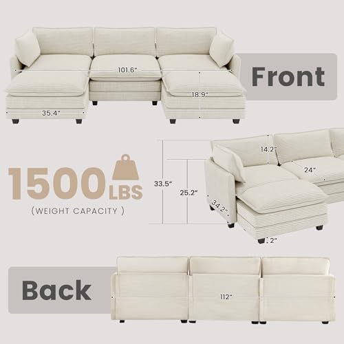 ROWHY 112'' Sectional Modular Cloud Couch, Oversized 5 Seat Couches U Shaped Sofa with 2 Movable Ottomans, 2 Throw Pillows, Upholstered Corduroy U Shape Comfy Deep Couches for Living Room, Beige