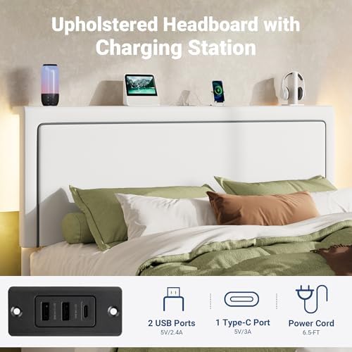 Allewie Queen Lift Up Storage Bed Frame with Charging Station, White