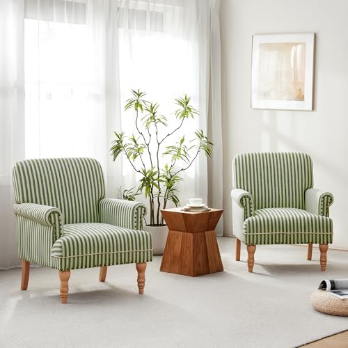 HUIMO Linen Fabric Accent Chair, Mid-Century Modern Upholstered Armchair with Solid Wood Legs, Comfy Reading Club Chair for Living Room Bedroom (2, Green and White Stripe)