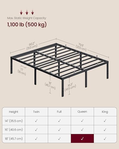 VASAGLE Queen Metal Bed Frame, 18 Inches Tall, 1100 lb Weight Capacity
