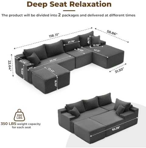 Mangodan Cloud Sectional Couch, Boneless Couches for Living Room, Grey