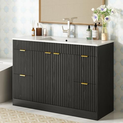 CARPETNAL 48 Inch Bathroom Vanity with Sink, Black. | Modern Fluted Bathroom Vanity with Sink with Storage Cabinet, Adjustable Shelf and 2 Soft Closing Doors & 4 Drawers.
