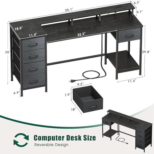 Korfile 55 Inch Gaming Computer Desk with Power Outlets,LED,5 Drawers,Black