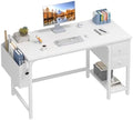 Lufeiya White Computer Desk with Drawers - 47 Inch PC Desk for Small Space Bedroom Home Office, Modern Simple Study Writing Table Desks with Storage Shelf, White