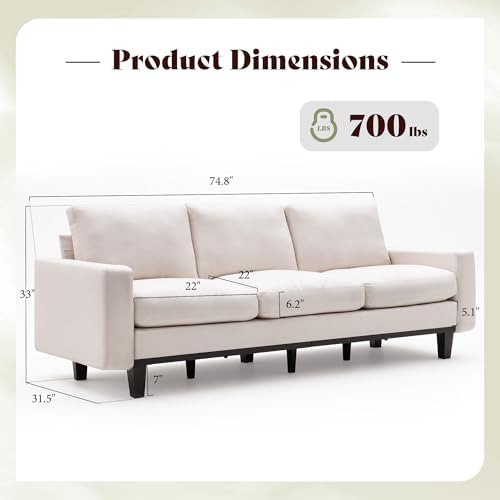 AMERLIFE 3 Seater Sofa, Deep Seat Couch with Metal Support, Linen Cream