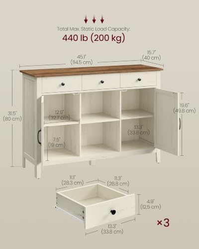 VASAGLE Buffet Cabinet, Coffee Bar with 3 Drawers, Adjustable Shelf