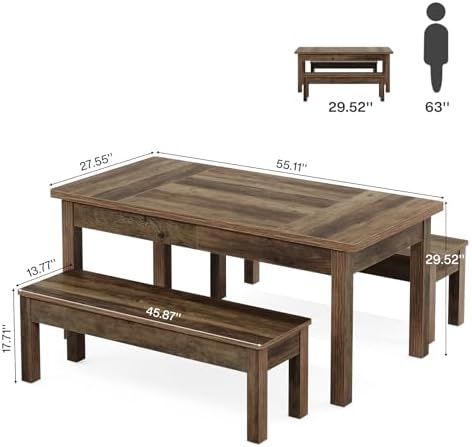 Tribesigns Farmhouse Kitchen Table Set for 4-6, 55-Inch Wooden Dining Table with 2 Benches, Space Saving 3 Pieces Heavy Duty Dinette for Dining Room, Kitchen, Small Space (Wood Hemp)