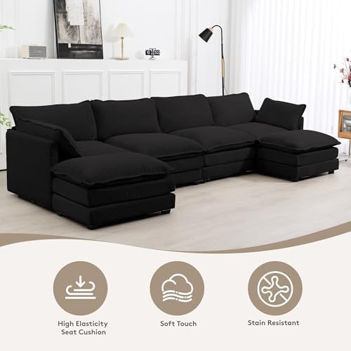 ROWHY 148'' Modular Sectional Cloud Couch with 2 Movable Ottomans, Oversized 6 Seat Modern Corduroy Sofas, Deep Seat U Shaped Couch for Living Room Bedroom Apartment,Black