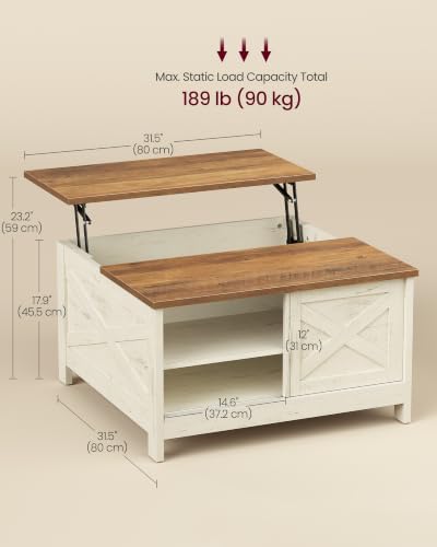 VASAGLE Farmhouse Coffee Table with Storage, Lift Top, Hidden Compartment