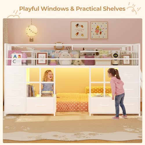 BTHFST Low Bunk Bed Twin Over Twin with 8 Fabric Drawers & Bookshelf, White