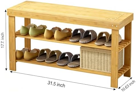 Bamboo Shoe Rack Bench 3-Tier Shoe Storage Organizer Entryway Bench for Entryway Bathroom Bedroom，Natural