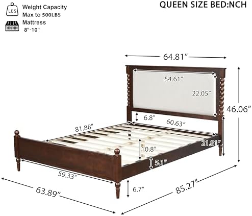 Merax Queen Size Solid Wood Platform Bed Frame, Upholstered Headboard & Classic Spindle & with Fabric Panel, No Box Spring Needed, 500 lbs Capacity Timeless Traditional for Bedroom, Brown
