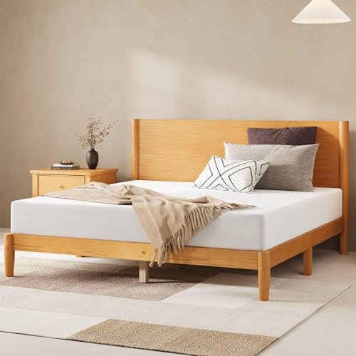 AMERLIFE Solid Wood Queen Bed Frame, Mid Century Bed with Headboard, Yellow