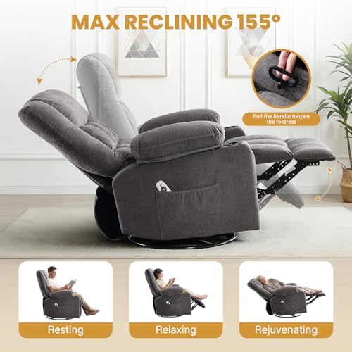 BOSMILLER Recliner Chair with Vibration Massage and Lumbar Heat for Living Room, Oversized Ergonomic Swivel Rocking Chair, Featuring Side Ptgocket, 2 Cup Holders & USB Charge Port