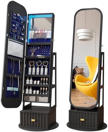 61" Full Length Mirror Jewelry Cabinet with Storage – Rotating, Lockable Jewelry Armoire with Velvet Lining, Standing Organizer for Women – Ideal Gift for Jewelry Storage & Display, Black