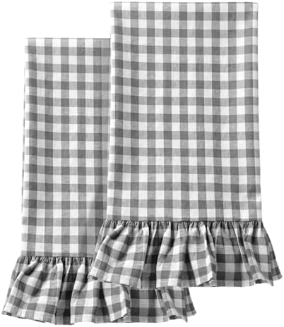 HunnmingRe 2 Pcs Gray Gingham Kitchen Towels Cotton Ruffled