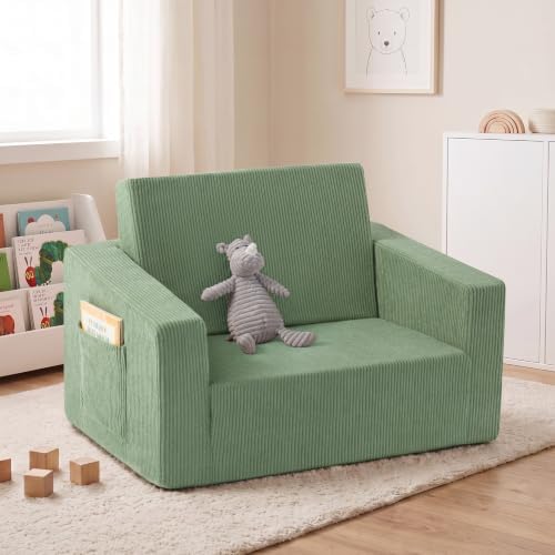 2-in-1 Kids Chair and Couch, Larger Cozy Corduroy Kids Sofa, Green