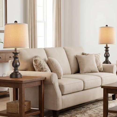 PARTPHONER Traditional Table Lamp Set of 2, Rustic Farmhouse Table Lamps for Living Room Bedroom, 22" Bedside Desk Lamps Vintage Nightstand Lamps with Linen Shades, Oil Rubbed Bronze