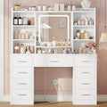 FIONESO Vanity Desk with Mirror, LED Lights and Power Outlet Makeup Vanity Table with 9 Drawers and 7 Storage Shelves Dressing Table for Bedroom Dressing Room (White)