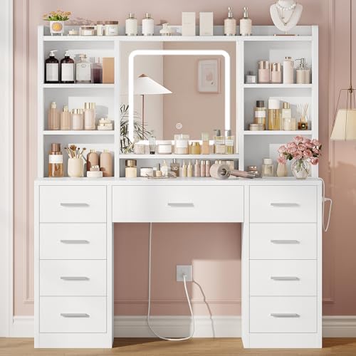 FIONESO Vanity Desk with Mirror, LED Lights and Power Outlet Makeup Vanity Table with 9 Drawers and 7 Storage Shelves Dressing Table for Bedroom Dressing Room (White)