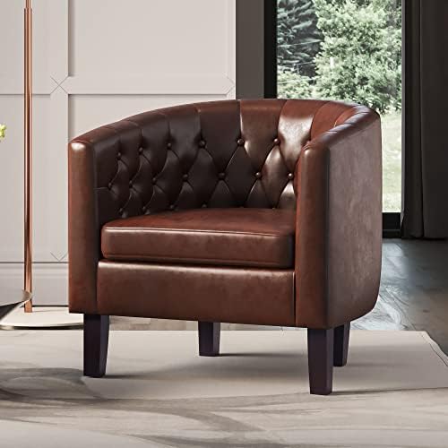 BELLEZE Caramel Accent Chairs for Living Room, Set of 2 Elegant Arm Chairs, Upholstered Tufted Barrel Chairs Club Chairs for Bedroom with Sturdy Legs and Faux Leather - Berlinda (Caramel)