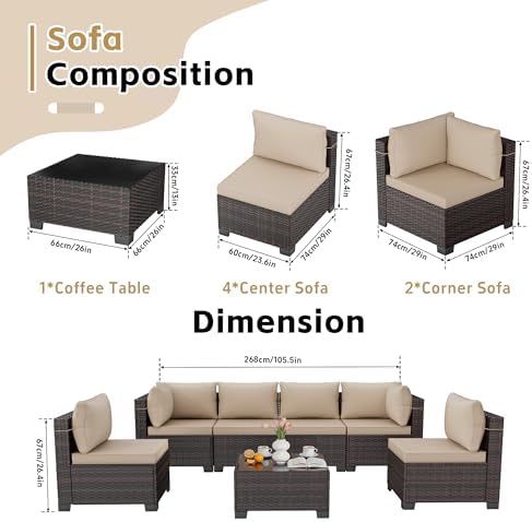 LEVELEVE 7 Pieces Outdoor Patio Furniture Sets,Rattan Conversation Sectional Set,Manual Weaving Wicker Patio Sofa with Tea Table