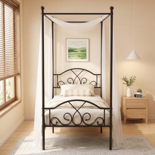 Twin Princess Canopy Bed Frame with 4 Posters, Twin Size Bed for Kids Girls